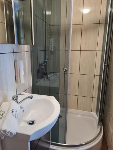 a bathroom with a shower and a sink and a toilet at Pokoje Gościnne Na Szlaku in Krościenko