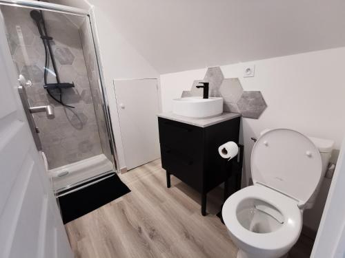 a bathroom with a toilet and a sink and a shower at * Ty cocon * wifi * parking * moderne * in Melgven