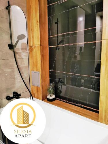 a bathroom with a shower and a sink with a mirror at Apartament Granatowy in Tychy