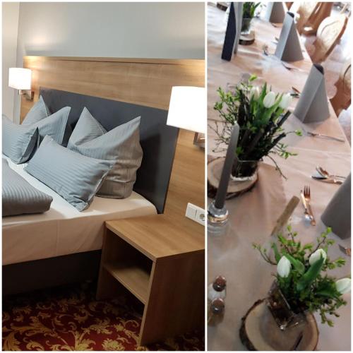 a hotel room with a bed and a table with flowers at Hotel Landgasthof Hirsch in Marktlustenau