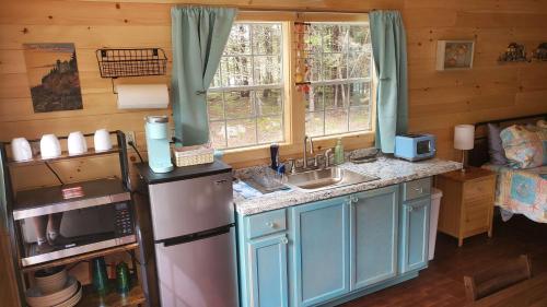 a kitchen with a refrigerator and a sink at Lighthouse Cabins Maine in Bass Harbor