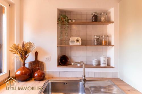 a kitchen with a sink and a counter top at Chez Hansi & Emmy - Gueberschwihr in Gueberschwihr