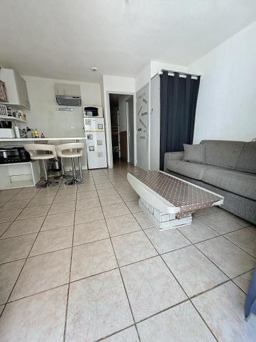 un salon avec un canapé et une cuisine dans l'établissement Jaurès cœur de ville, à Sète