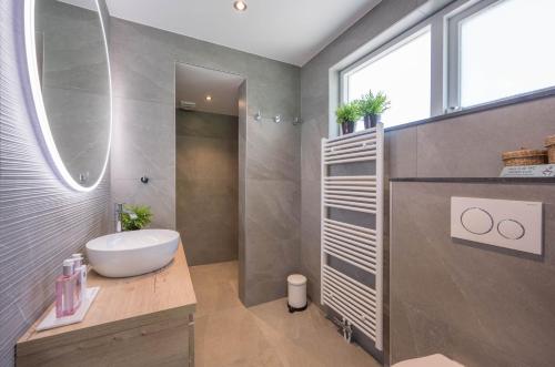 La salle de bains est pourvue d'un lavabo, de toilettes et d'un miroir. dans l'établissement 't Kleine eiland, à Zuid-Scharwoude