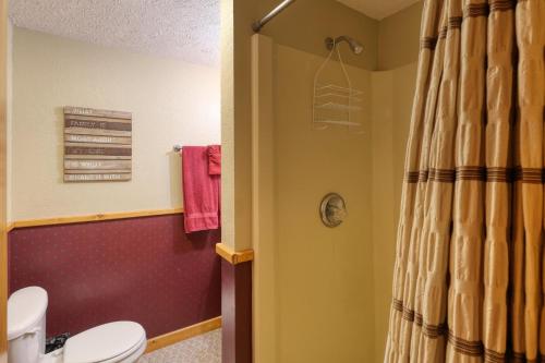 a bathroom with a toilet and a shower at Serenity Ridge Retreat in Lead