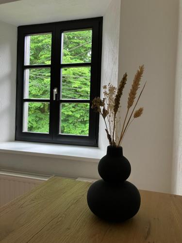 a black vase sitting on a table in front of a window at Cacele - La croisette 5 appartementen en 6 tweepersoonskamers in Vresse-sur-Semois
