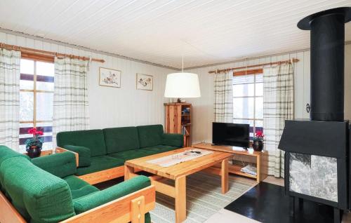 a living room with a green couch and a table at Awesome Home In Lofsdalen With Kitchen in Lofsdalen