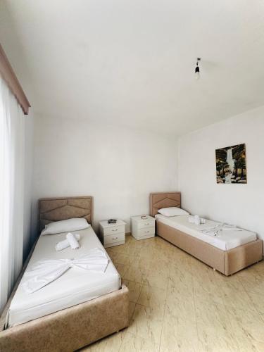 two beds in a room with white walls at Cozy Village Guesthouse in Delvinë