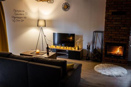 a living room with a couch and a fireplace at Beskid Loft House - domki w górach in Sól