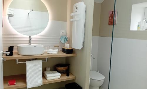 een badkamer met een wastafel en een spiegel bij Le Clos de l'Aiguillon 