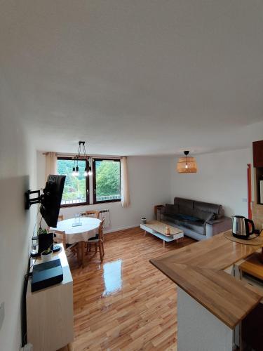 un salon avec un canapé et une table dans l'établissement Appartement T2 classé 3 étoiles, à Aspin-en-Lavedan