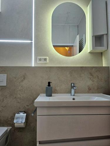 a bathroom with a sink and a mirror at Feriehaus Maple Leaf in Willingen