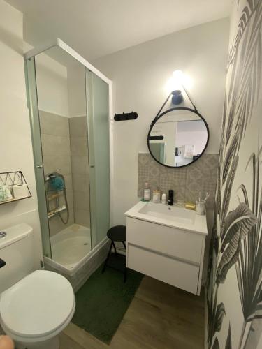 une salle de bain avec toilettes, lavabo et douche dans l'établissement Appart deux pas de la mer 4 personnes 4FRONT9, au Barcarès