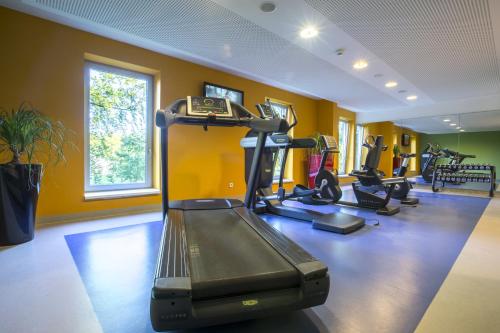 a gym with several tread machines in a room at Park Inn by Radisson Frankfurt Airport in Frankfurt/Main