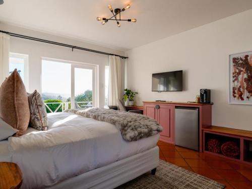 1 dormitorio con 1 cama, TV y ventana en Hilltop Boutique Hotel, en Victoria Bay
