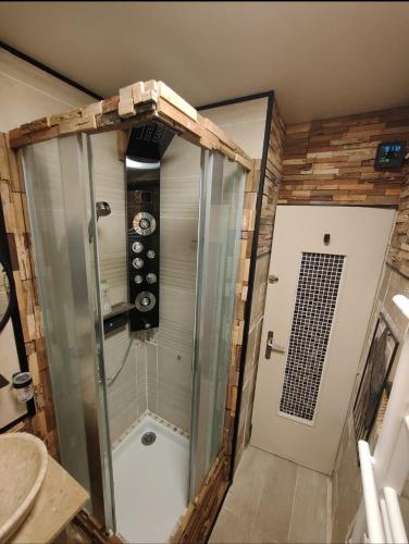 une douche avec une porte vitrée dans une salle de bain dans l'établissement Libellule industrie, à Massy