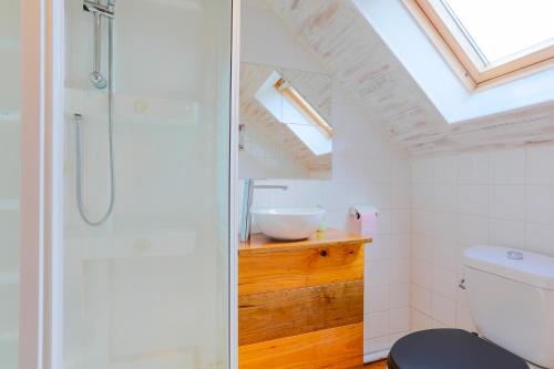 Plounérin的住宿－Gîte - Ty Morgane，一间带水槽和淋浴的浴室
