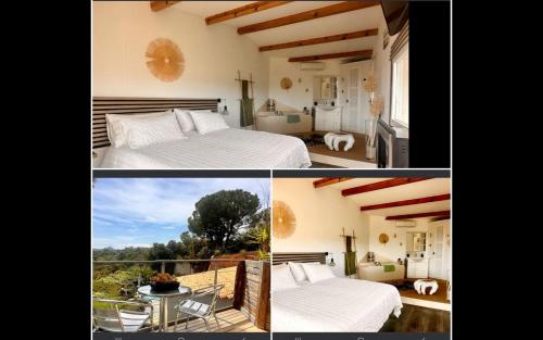 - deux photos d'une chambre avec un lit et un balcon dans l'établissement Villa ANCHORAGE vue mer panoramique, à Porto-Vecchio