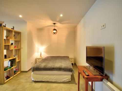 une chambre avec un lit, un bureau et une télévision dans l'établissement Charmant studio pour 4 pers., 43m² au RDC d'un chalet à Morzine, proche pistes avec navette gratuite - FR-1-524-112, à Morzine