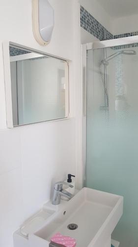 une salle de bain blanche avec un lavabo et un miroir dans l'établissement Maison cosy avec jardin, à Pornichet