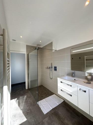 une salle de bain avec une douche, un lavabo et un miroir dans l'établissement La Villa Julea, à Olmeto