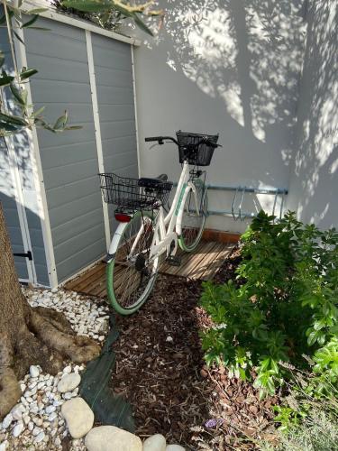un vélo garé devant une maison dans l'établissement Charming house with garden in the heart of Saint Martin, à Saint-Martin-de-Ré