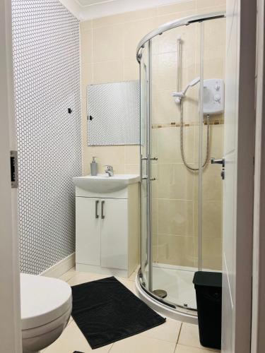 a bathroom with a shower and a toilet and a sink at Whiteley's Cottages in Dumbarton