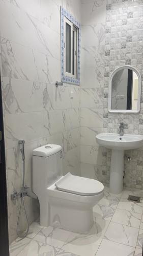 ein weißes Bad mit einem WC und einem Waschbecken in der Unterkunft شقق النسيم بلس بالباحة in Al Bahah