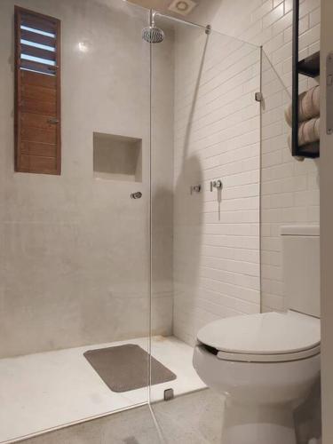a bathroom with a toilet and a glass shower at TIKUL EN Merida HISTORIC CENTER in Mérida