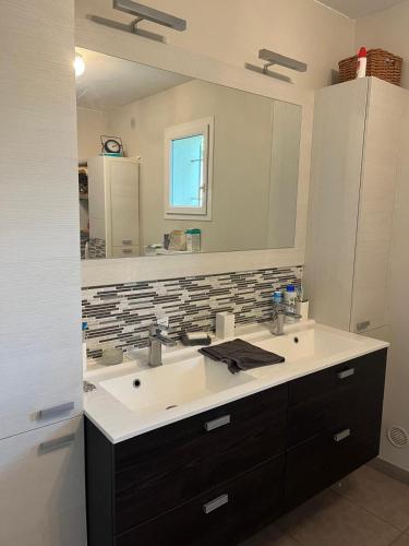 une salle de bain avec un lavabo et un grand miroir dans l'établissement Villa Jasmin, à Flayosc
