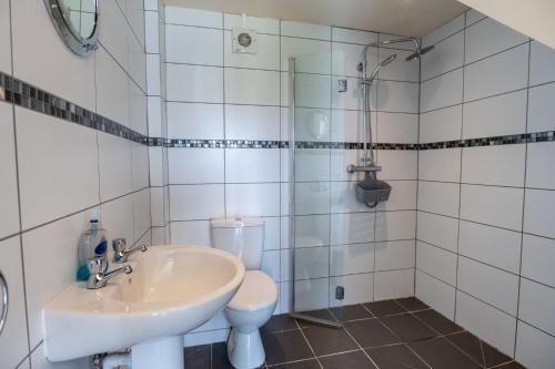 a bathroom with a sink and a toilet at Glan Yr Afon in Llanrhyddlad