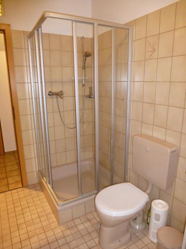 a bathroom with a shower and a toilet at Ferienwohnung Kerstin in Soltau