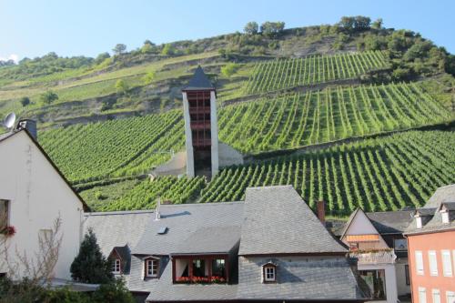 un pueblo con un viñedo y una torre en el fondo en Hotel-Café-Burg Stahleck en Bacharach