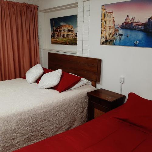 a bedroom with a bed with two pillows at Hostal Estadio Nacional in Santiago