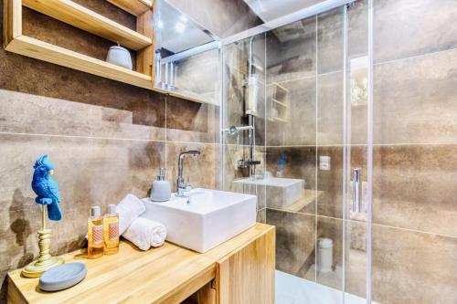 une salle de bain avec un lavabo et une douche dans l'établissement L'Étrier-Cannes Centre Terrasse, à Cannes