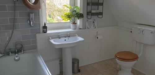 łazienka z umywalką, toaletą i oknem w obiekcie Lovely 3 bed condo w mieście Reigate