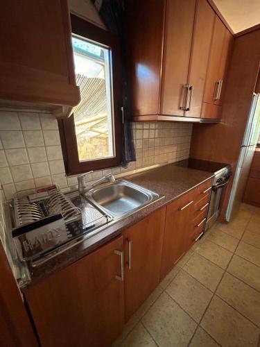 una pequeña cocina con fregadero y ventana en K. Villa - Golden Beach, en Chrysi Ammoudia