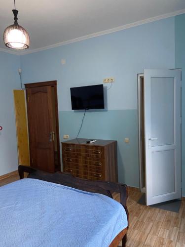 a bedroom with a bed and a tv on a wall at Guesthouse Mirabela in Shekvetili