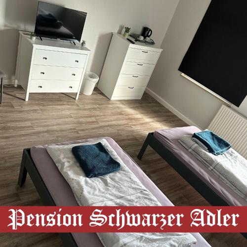 1 dormitorio con 2 camas, TV y tocador en Pension Schwarzer Adler, 
