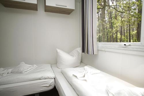 a room with two beds and a window at Tiny Chalet Nr 820 in Göhren