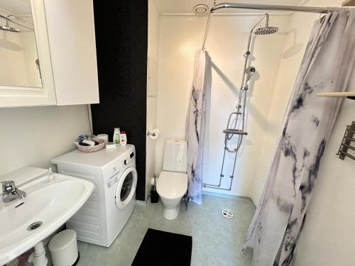 a bathroom with a sink and a toilet and a shower at Villa Anastazja in Vendelsö
