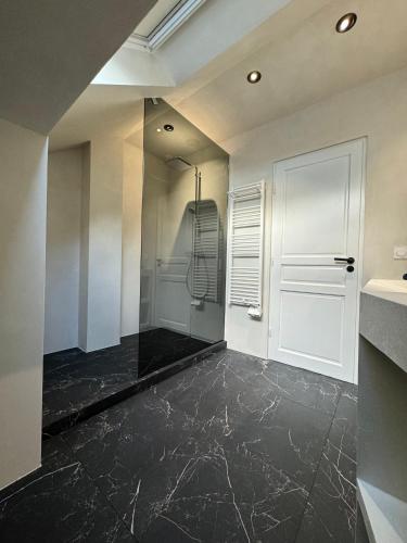 une salle de bain avec une douche à l'italienne et une porte vitrée dans l'établissement Appartement proche de Paris, à Aulnay-sous-Bois