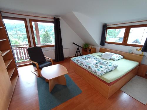 a bedroom with a bed and a chair and windows at Bedřichov 298 in Bedřichov