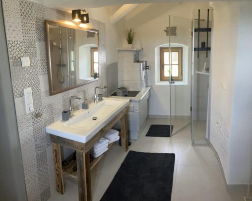 a white bathroom with a sink and a shower at Baronigg Weingartengut in Ziegenberg