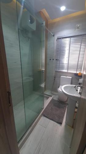 a bathroom with a shower and a toilet and a sink at Seaview Apartment, Ikoyi in Lagos