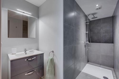 une salle de bain avec une douche, un lavabo et un miroir dans l'établissement La Félicita - Sublime T2, à Toulouse