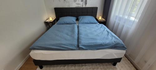 a bed with blue sheets and pillows in a bedroom at Altbauwohnung mit Charme - selbst Check In - Queensize Bett in Vienna