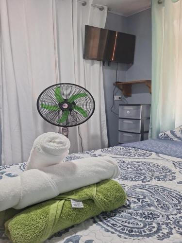 a bedroom with a fan on a bed at Torito's room in Carrillo