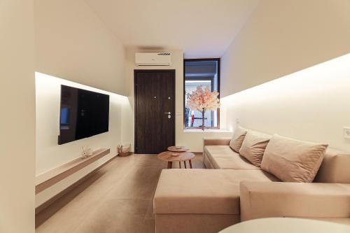 a living room with a couch and a tv at Eunoia Luxury Loft in Katerini