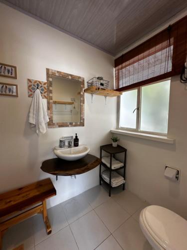 ein Bad mit einem Waschbecken und einem Spiegel in der Unterkunft Kalathea Casa in Tocaima